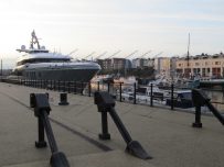 At almost 50m long Mogambo dominates the other boats on the Bristol quayside