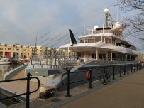 The aft deck of Mogambo features two staircases and a garage for tender vessels
